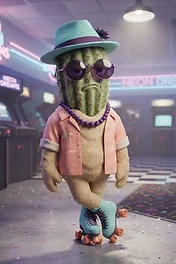 A stylized, anthropomorphic cactus character wearing a fedora, sunglasses, a pink tropical shirt, and roller skates, standing in a retro neon-lit arcade.