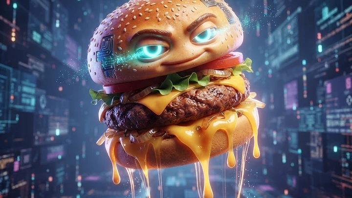 A cheeseburger with a face, glowing blue eyes, and circuit patterns, floating in a digital cyberspace background.