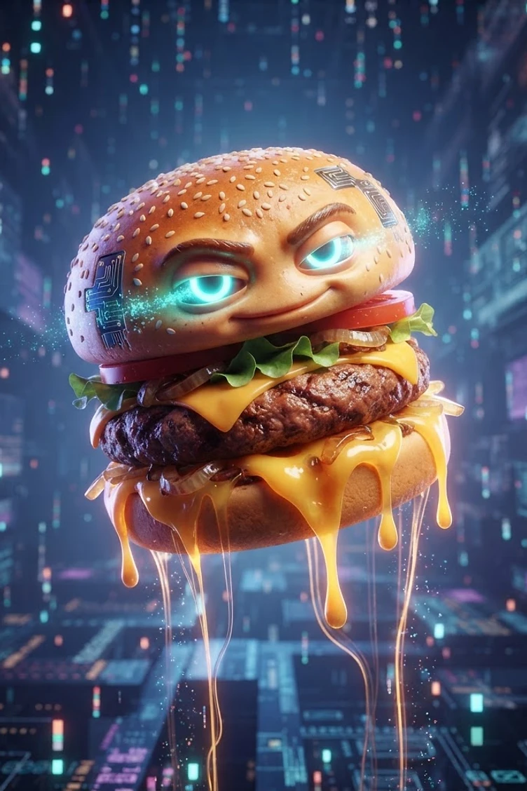 A cheeseburger with a face, glowing blue eyes, and circuit patterns, floating in a digital cyberspace background.