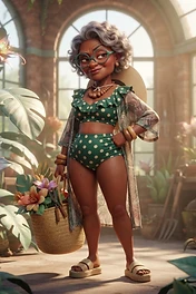 An elderly woman with curly grey hair wearing a green polka dot bikini and a light cover-up standing in a sunlit greenhouse holding a flower basket.
