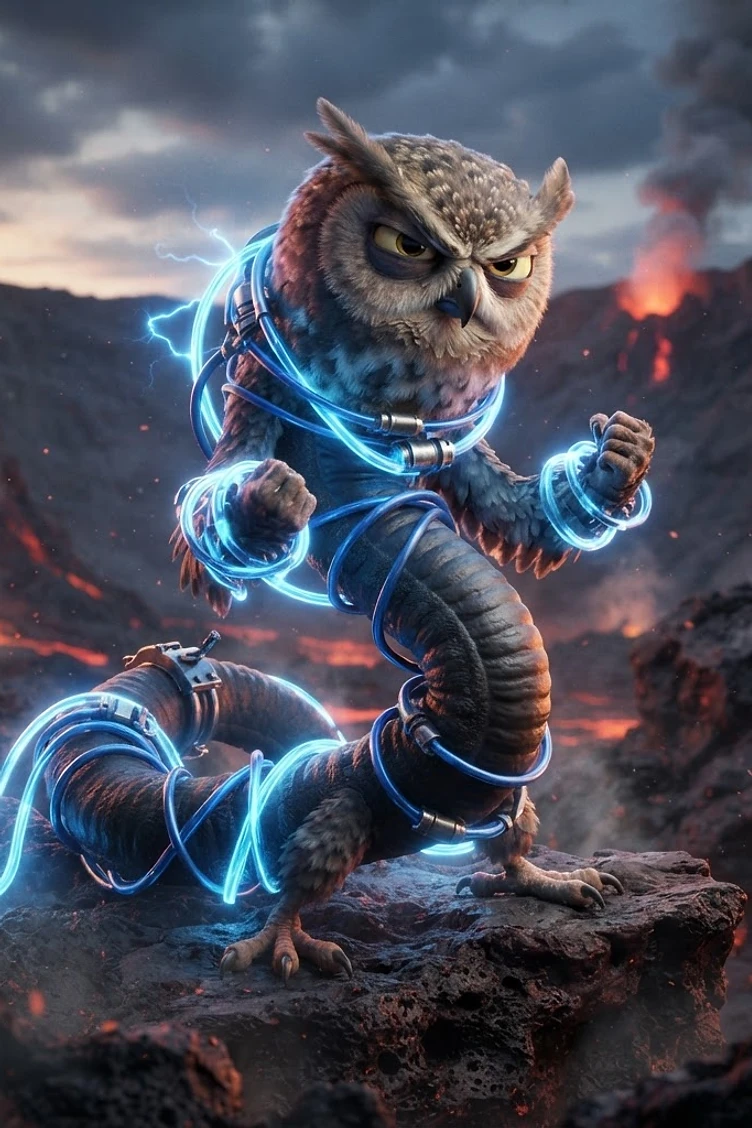 An angry owl with a serpent body wrapped in glowing blue electric cables, standing on a volcanic rock against a fiery landscape.
