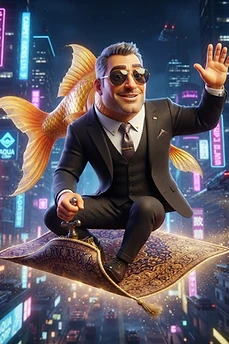 A smiling businessman with a goldfish body flying on a magic carpet through a neon-lit futuristic city with skyscrapers.