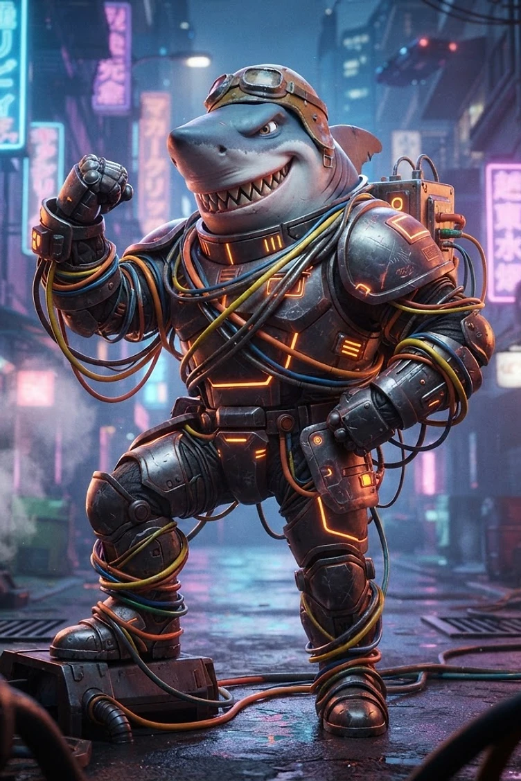 An anthropomorphic shark wearing high-tech mechanical power armor with glowing cables, standing in a dark, neon-lit rainy cyberpunk street.