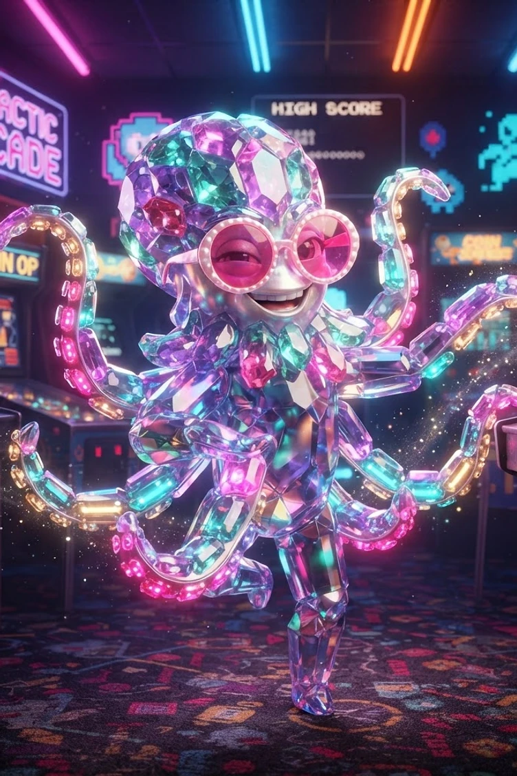 A sparkling, crystal-covered octopus character wearing pink sunglasses, winking and standing inside a vibrant, neon-lit retro arcade surrounded by game cabinets.