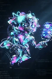 A futuristic geometric robot with multiple eyes and glowing neon shards holding a glitching smartphone against a dark digital background.