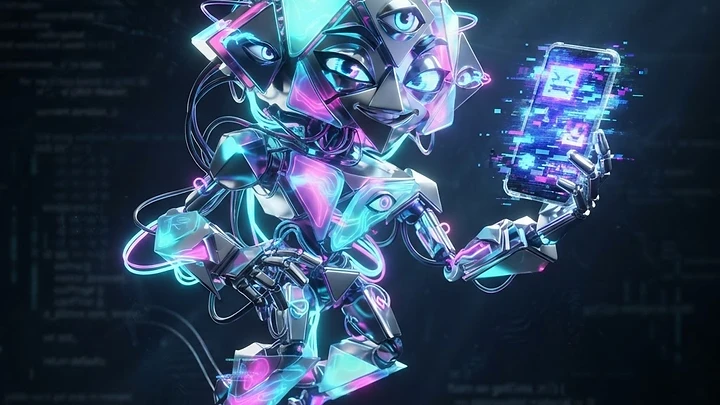A futuristic geometric robot with multiple eyes and glowing neon shards holding a glitching smartphone against a dark digital background.
