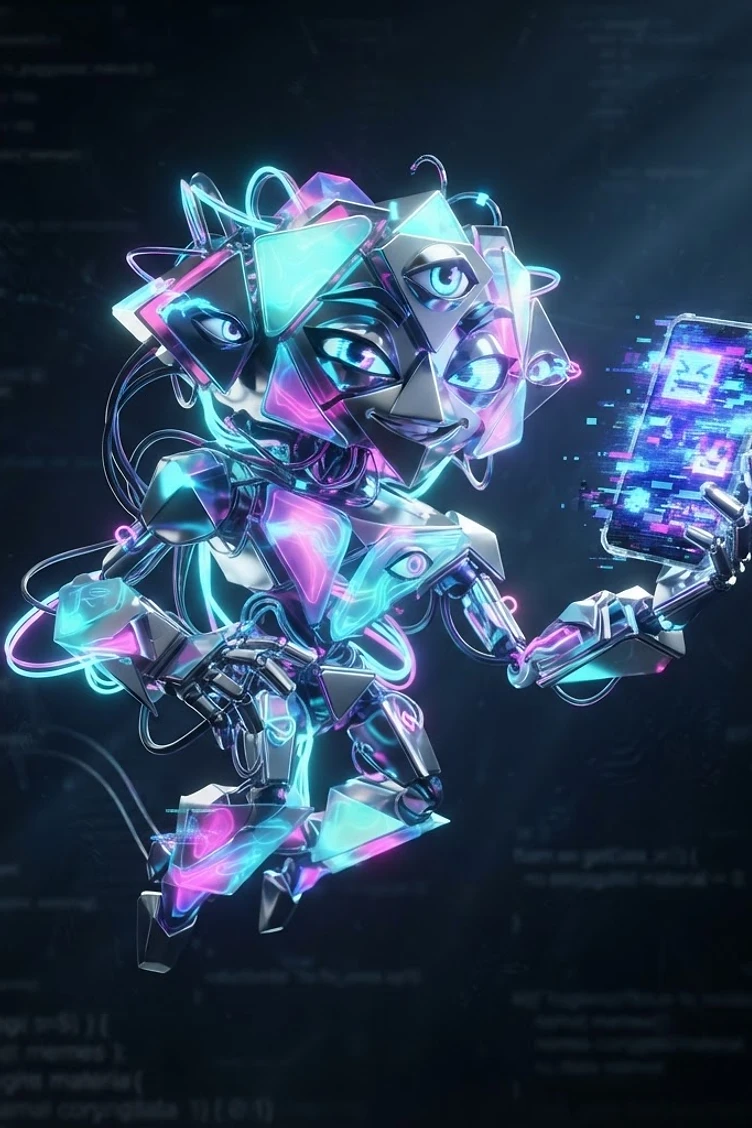 A futuristic geometric robot with multiple eyes and glowing neon shards holding a glitching smartphone against a dark digital background.