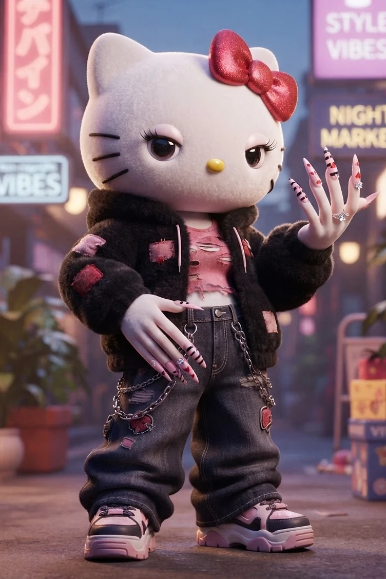A stylized Hello Kitty character wearing a black hoodie, distressed jeans, and long manicured nails standing in a neon-lit night market alleyway.