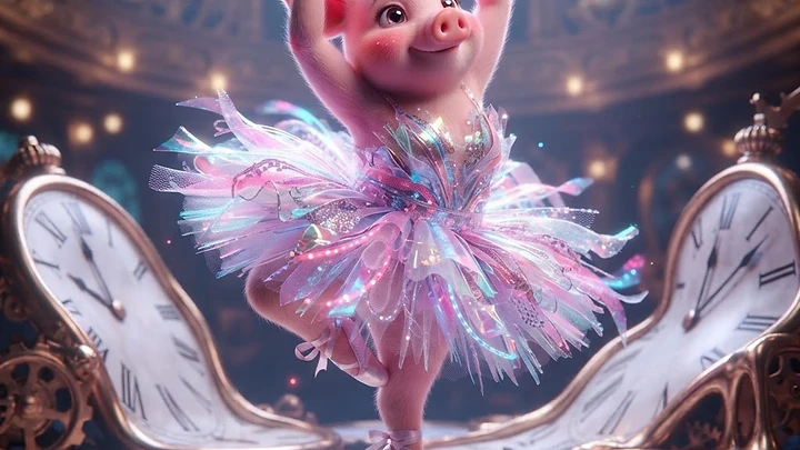 A cute pink piglet wearing a sparkling tutu and tiara dancing like a ballerina on top of distorted antique clocks.