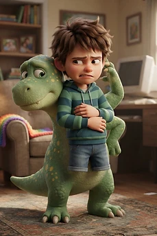 A stylized 3D animation style image of a young boy wearing a striped hoodie hugging a friendly, gentle-looking green dinosaur in a cozy bedroom setting.