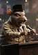 An angry anthropomorphic rat wearing a tan suit and a traditional peci cap, shouting into dual microphones from a wooden podium at a conference.
