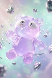 A cute purple gummy bear with realistic human-like eyes floating in a magical space filled with metallic heart icons and sparkling light effects.