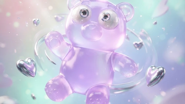 A cute purple gummy bear with realistic human-like eyes floating in a magical space filled with metallic heart icons and sparkling light effects.