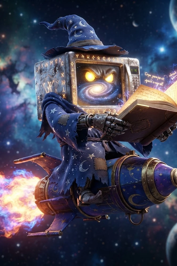A vintage television headed wizard with glowing eyes and a galaxy screen riding a rocket ship through outer space while reading a spellbook.
