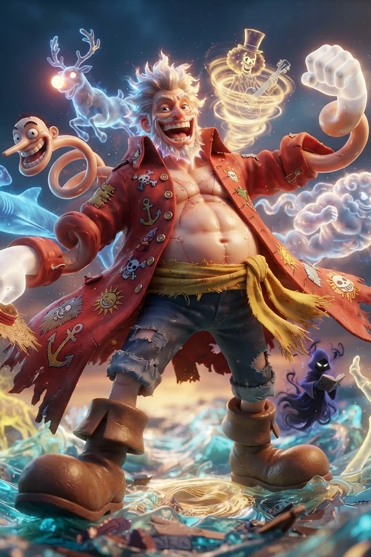 A grinning pirate captain wearing a tattered red coat, straw hat, and blue jeans, surrounded by glowing spectral figures of a shark, reindeer, skeleton, and more.