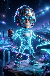 A stylized cyborg character with glowing blue circuitry and a metallic suit standing on a floating rock in a futuristic neon space cityscape.