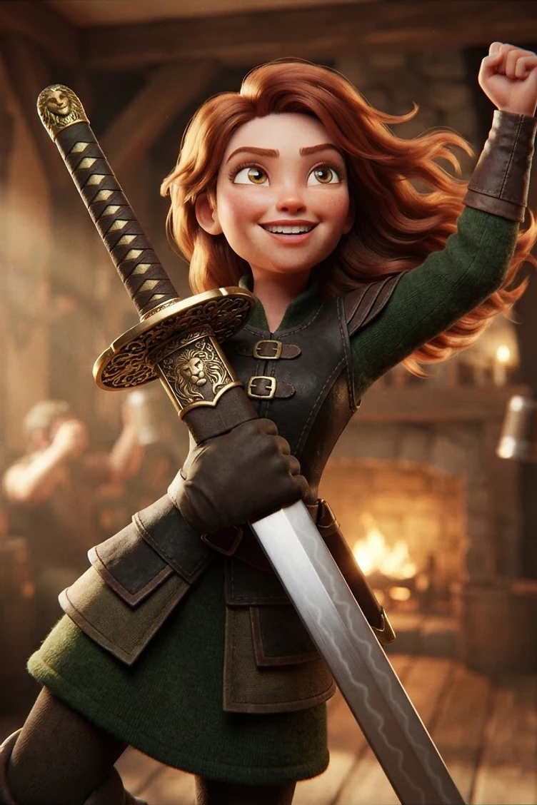 A stylized 3D animated style girl with auburn hair holding a large sword in a cozy medieval tavern with a fireplace in the background.