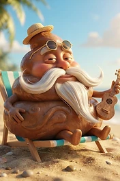 A cartoonish brown poop character with a long white mustache, wearing a straw hat and sunglasses, playing a small wooden ukulele while relaxing on a beach lounge chair.
