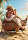 A cartoonish brown poop character with a long white mustache, wearing a straw hat and sunglasses, playing a small wooden ukulele while relaxing on a beach lounge chair.