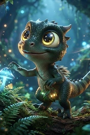 A tiny, cute baby dragon with large expressive eyes exploring a glowing magical forest, touching a luminous blue mushroom.