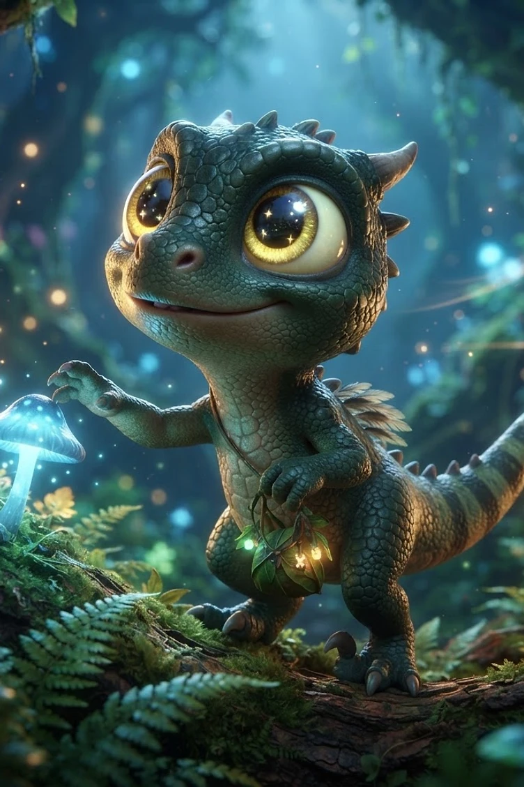 A tiny, cute baby dragon with large expressive eyes exploring a glowing magical forest, touching a luminous blue mushroom.