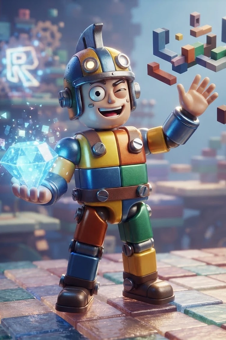 A stylized toy robot made of colorful square blocks wearing a helmet and goggles, holding a glowing blue diamond in one hand while waving with the other.