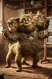 A three-headed furry creature wearing a tweed suit and glasses standing in a classic library classroom.