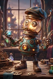 A whimsical steampunk robot with a lantern head, mustache, and tweed cap holding a glowing potion in a cluttered alchemist workshop.