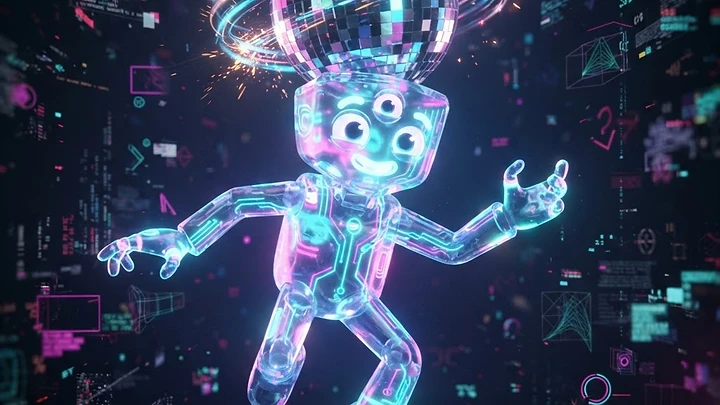A glowing, translucent robot with a disco ball head and a third eye, floating in a dark digital space surrounded by holographic data symbols.