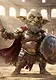 A green goblin warrior wearing roman armor with a shield and sword standing in the center of the Colosseum.