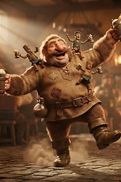 A joyful, heavy-set tavern keeper with a thick mustache and brown tunic dancing in a medieval pub while carrying small wooden figurines on his shoulders and holding mugs of frothy ale.