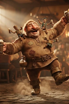 A joyful, heavy-set tavern keeper with a thick mustache and brown tunic dancing in a medieval pub while carrying small wooden figurines on his shoulders and holding mugs of frothy ale.