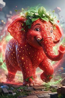A whimsical elephant made of strawberry texture wearing a flower crown, holding a small strawberry, set in a voxel-style blocky arena.