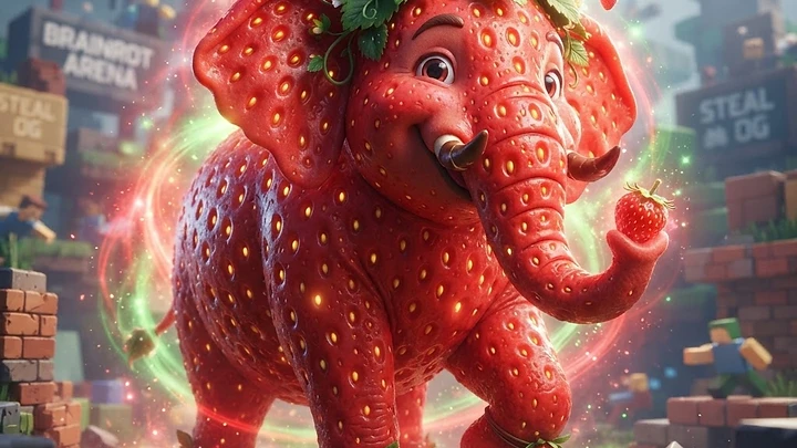 A whimsical elephant made of strawberry texture wearing a flower crown, holding a small strawberry, set in a voxel-style blocky arena.