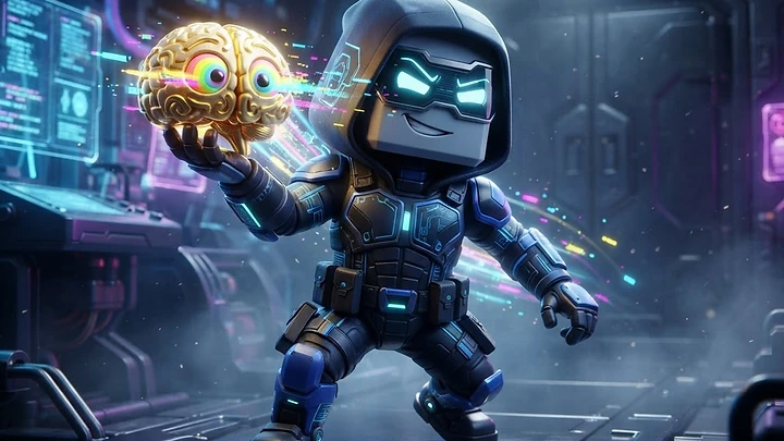 A stylized, hooded robot character in a futuristic sci-fi laboratory, holding a glowing golden brain with rainbow-colored eyes, featuring neon blue accents.