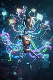 A metallic robot with a screen-covered face, multiple floating monitor heads, and glowing neon octopus-like tentacles in a digital space.