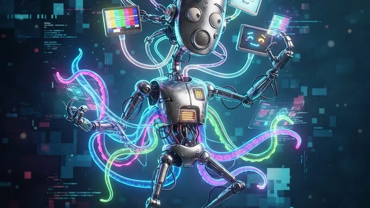 A metallic robot with a screen-covered face, multiple floating monitor heads, and glowing neon octopus-like tentacles in a digital space.