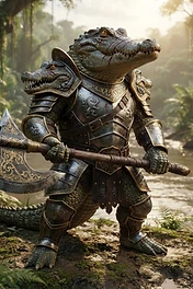 A bipedal crocodile warrior wearing ornate steel plate armor and holding a large battle axe in a misty jungle river scene.