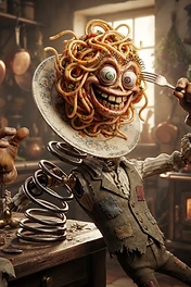 A surreal character with a head made of spaghetti and a face, sitting on a porcelain plate, mounted on a metal spring body wearing a tattered vest in a rustic kitchen.