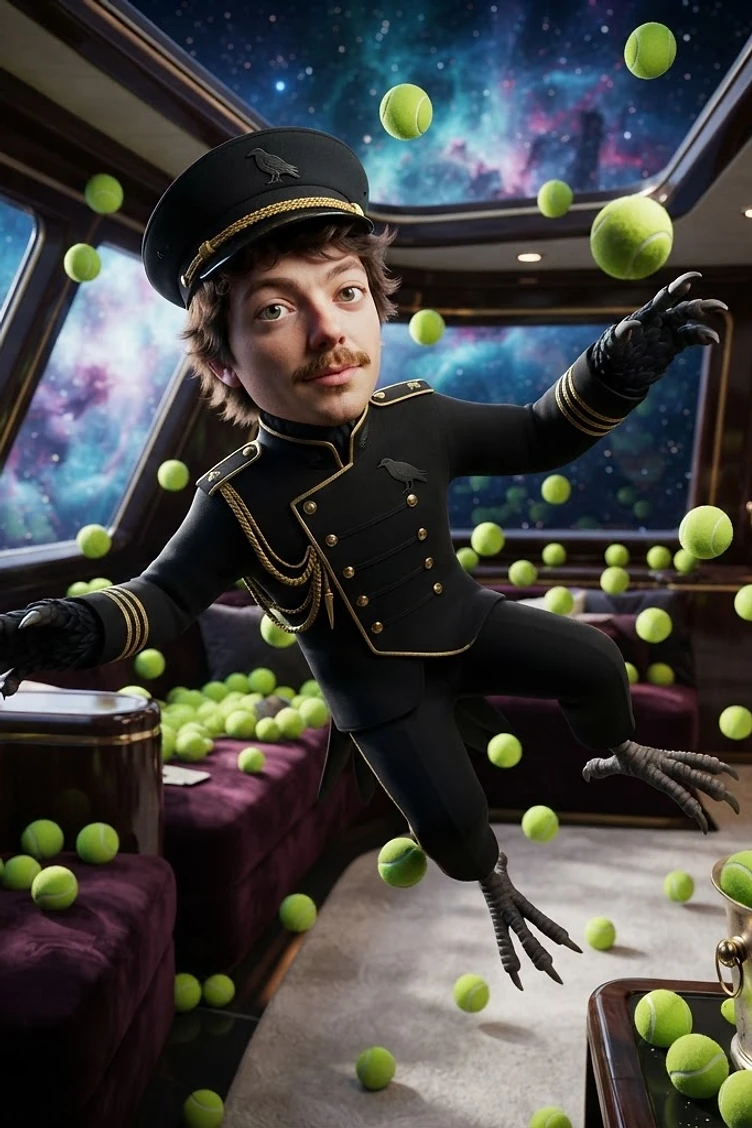 Brainrot Me character: Black bird in uniform in a luxury yacht floating through outer space