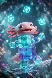 A cute pink axolotl with a body made of glowing blue and purple ice cubes standing in a crystal cavern surrounded by magical energy orbs.