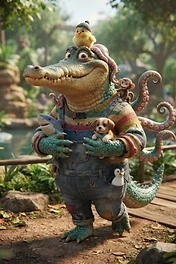 A friendly anthropomorphic crocodile wearing overalls and a striped sweater, carrying a shark plush, a puppy, a monkey on his shoulder, a chick on his head, and a penguin in his pocket while walking in a lush park.