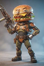 A stylized, grumpy hamburger with a human-like face wearing futuristic combat armor and holding a mechanical sci-fi rifle.