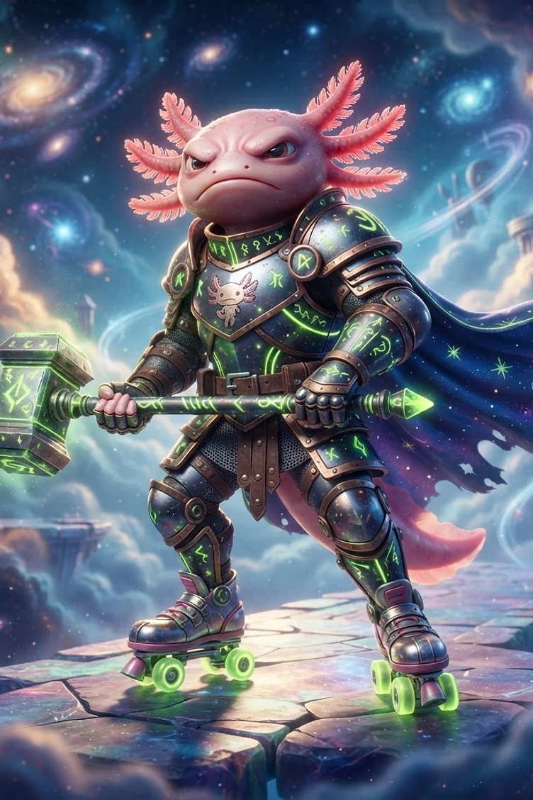 An anthropomorphic pink axolotl warrior wearing glowing runic armor and holding a large enchanted hammer while wearing roller skates in a cosmic galaxy setting.
