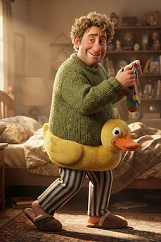 A friendly man with curly brown hair wearing a green sweater and a yellow duck floatie around his waist, standing in a cozy bedroom while holding a colorful sock.