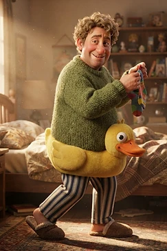 A friendly man with curly brown hair wearing a green sweater and a yellow duck floatie around his waist, standing in a cozy bedroom while holding a colorful sock.