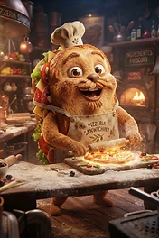 A friendly anthropomorphic sandwich character wearing a chef hat and apron, rolling out a miniature pizza dough in a rustic pizzeria kitchen.