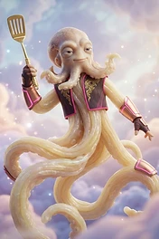 An anthropomorphic octopus character resembling pasta tentacles wearing a vest and armor while holding a golden spatula, floating among clouds.