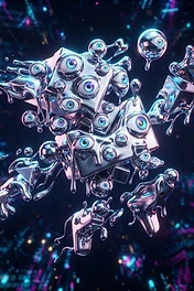 A surreal entity made of melting liquid chrome featuring numerous human-like eyes floating against a backdrop of glowing blue and purple binary digital code.
