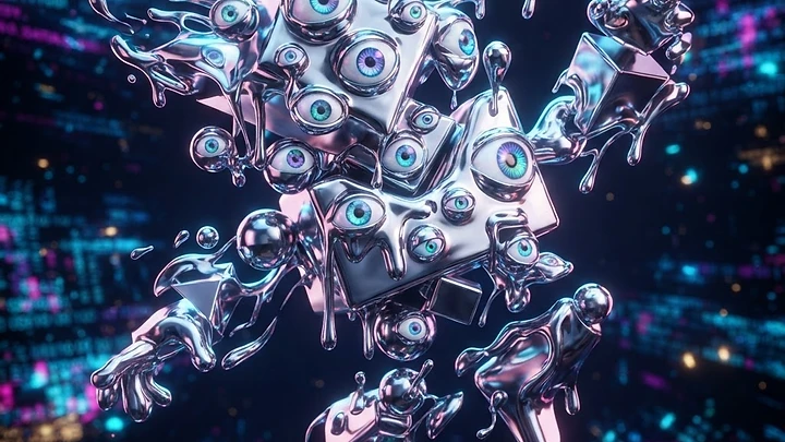A surreal entity made of melting liquid chrome featuring numerous human-like eyes floating against a backdrop of glowing blue and purple binary digital code.